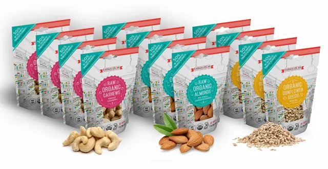 Snack Pack Size - 4 packs each of - 2 oz. Organic Almonds, 2 oz. Organic Cashews & 2 oz. Sunflower (total 12 packs) Karmalize.Me