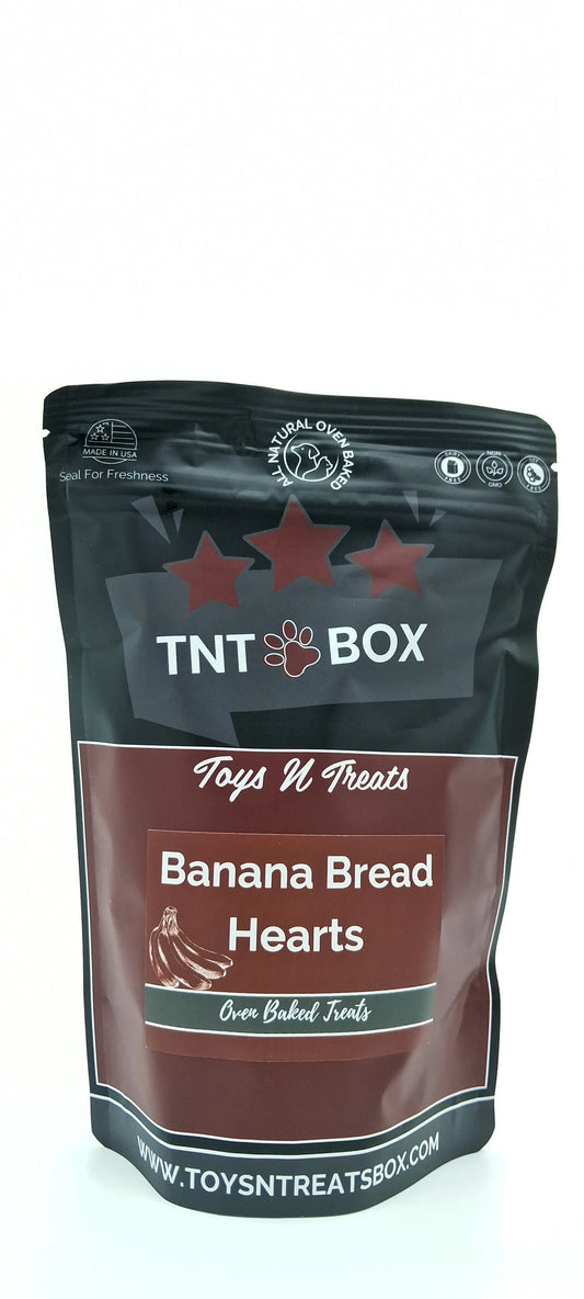 Banana Bread Hearts Dog Treats - All Natural Oven Baked Toys N Treats Box