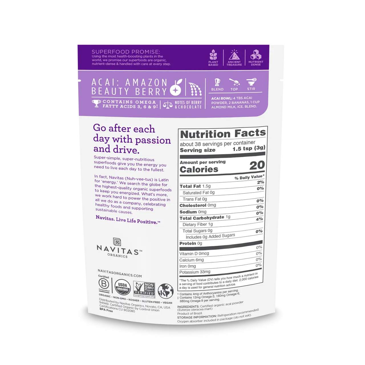 Navitas Naturals Organic Acai Powder Freeze Dried (12x4 OZ) Camelots Nutrition