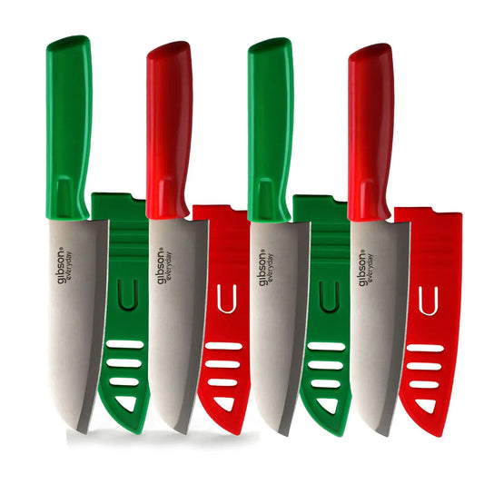 Gibson Everyday Grantville 4 Piece 6 Inch Santoku Knife with Sheath in Red and Green Gibson Everyday