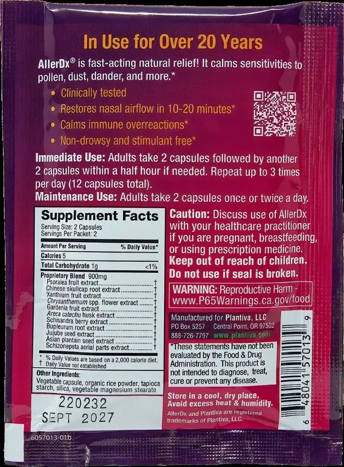 AllerDx 4-Capsule Packet, Vegan Plantiva Natural Supplements