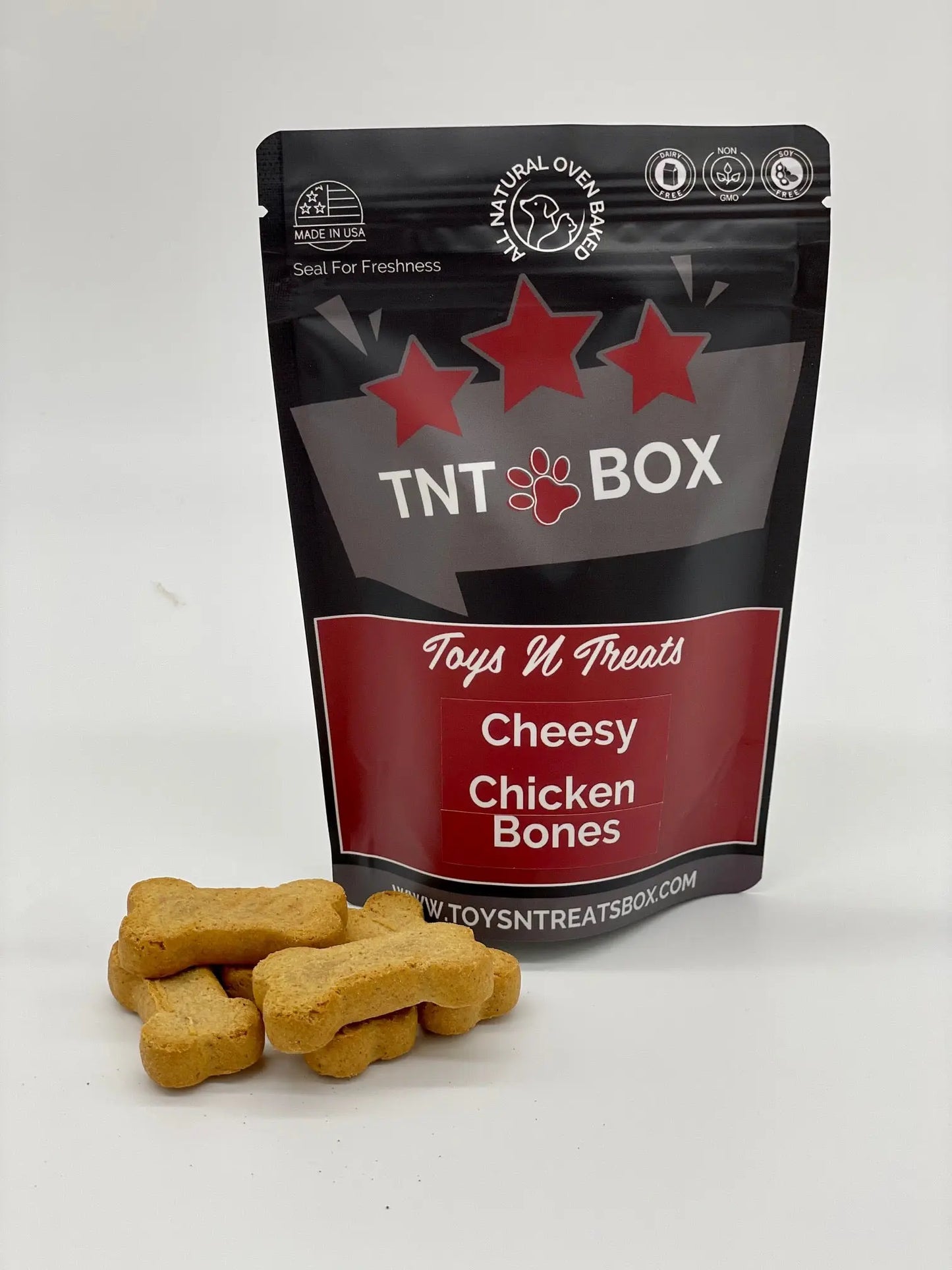 Cheesy Chicken Bones Dog Treats - All Natural Oven Baked Toys N Treats Box