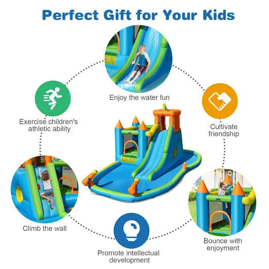 Inflatable Water Slide Kids Bounce House Splash Water Pool with 735W Blower Unbranded