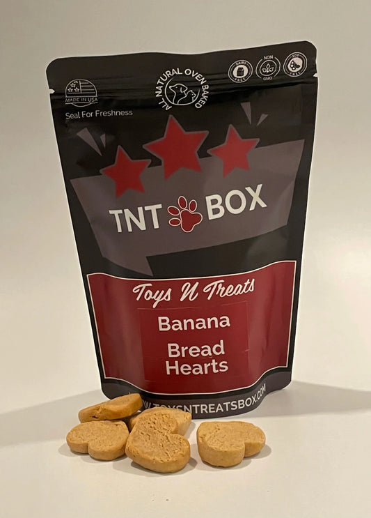 Banana Bread Hearts Dog Treats - All Natural Oven Baked Toys N Treats Box